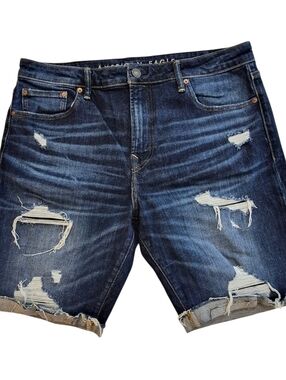 American Eagle Men's Airflex+Distressed Ripped Dark Blue Jean Shorts Sz 36 NWOT
